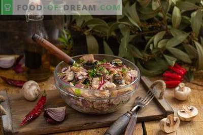 Nourishing pork salad with mushrooms in a country style