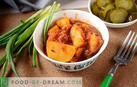 Patate con stufato, piselli e passata di pomodoro - diversificare il menù del giorno. Foto-ricetta per cucinare inedite patate con lo stufato in un pomodoro con piselli