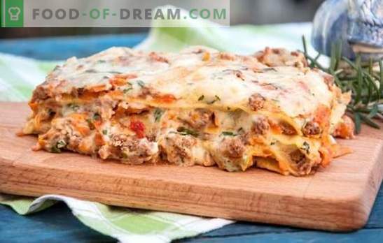 Lasagna con salsa besciamella - Casseruola italiana! Ricette di lasagne con besciamella e carne macinata, funghi, pomodori, prosciutto