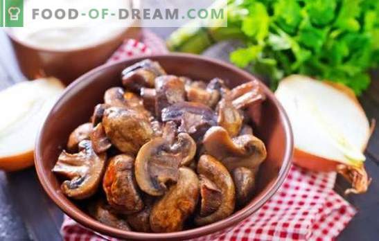 Champignons con cipolle - il mondo delle fantasie di funghi! Funghi prataioli al forno e tostati con cipolle in una piastra, nel forno