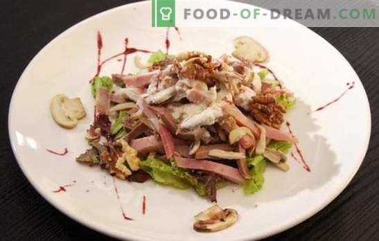L'insalata con prosciutto e funghi è un ottimo aperitivo festivo. Le migliori ricette per insalate con prosciutto e funghi: semplice e puff